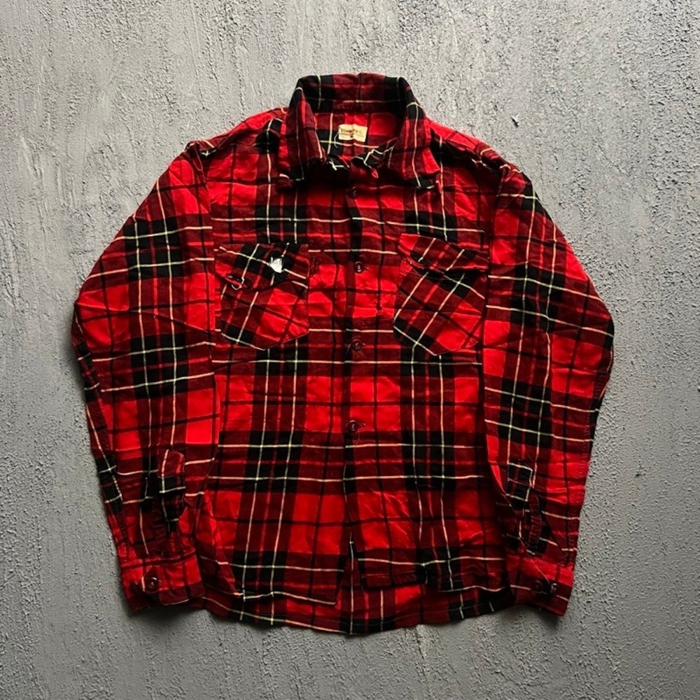 Vintage Towncraft Flannel Shirt‎ Mens Medium Red 1940s Plaid Distressed